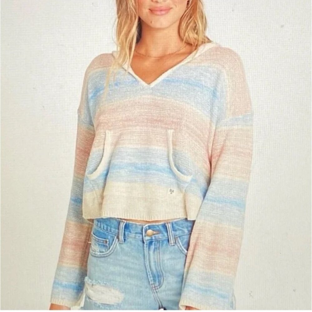 Billabong Womens Baja Hooded Sweater M Multicolor Striped Lightweight Knit